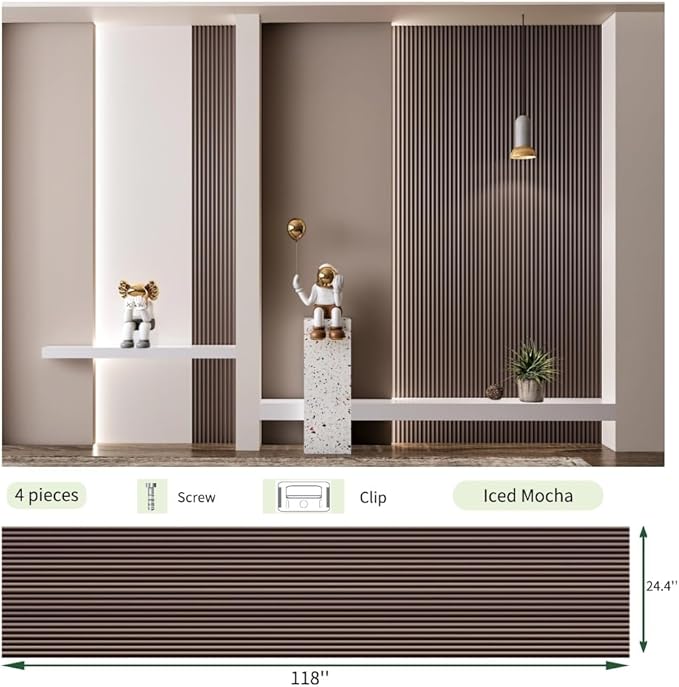 4PCS 3D Acoustic Slat Wall Panels Circle Design Fluted Textured Panel for Interior Wall Decor 118"x6" (Iced Mocha)