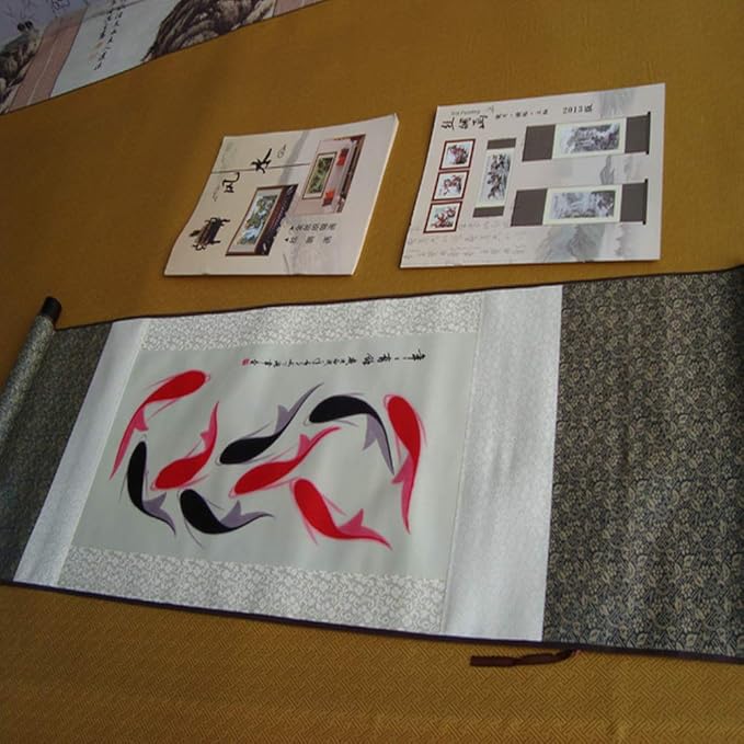 AtfArt Asian Wall Decor Beautiful Silk Scroll Painting Year Have Fish - Red Black Carp Oriental Decor Chinese Art Wall Scroll Wall Hanging Painting Scroll (39 x 12 in)