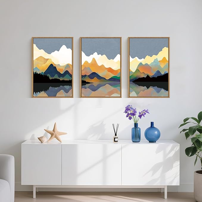 Large Abstract Mountain Lake Framed Canvas Wall Art,Watercolor Boho Forest Wall Decor,Colorful Ridge Landscape Artwork,Modern Wilderness Art Print for Living Room,Bedroom,Office- 16"x24"x3