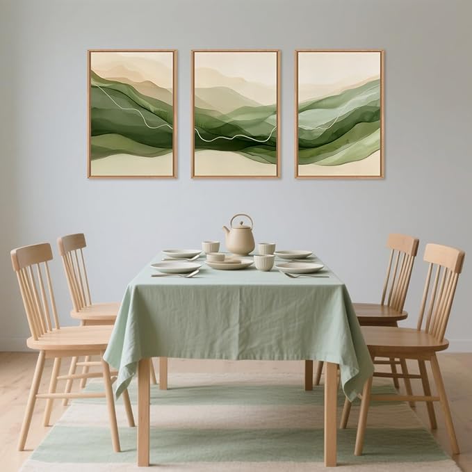 Large Abstract Smoke Waves Framed Canvas Wall Art Set,Ink Minimalist Green Beige Wall Decor,Watercolor Modern Neutral Lines Artwork for Living Room,Bedroom,Office-16 x24 x3