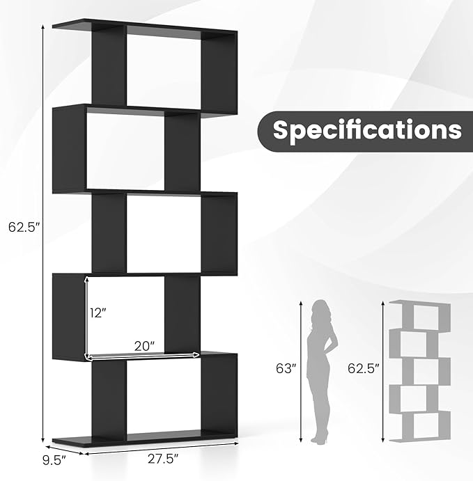 5 Tier Geometric Bookcase, S Shaped Bookshelf, Modern Decorative Storage Shelving, Wooden Room Divider Bookcase, 62.5" Tall Staggered Display Book Shelf for Living Room (2, Black)