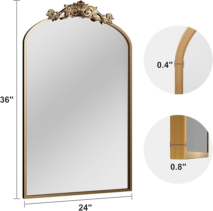 Antique Arched Wall Mirror, 24"x36" Vintage Gold Bathroom Mirror - Baroque Metal Frame Brass Mirror for Living Room, Bathroom, Fireplace, Entryway, Bronze