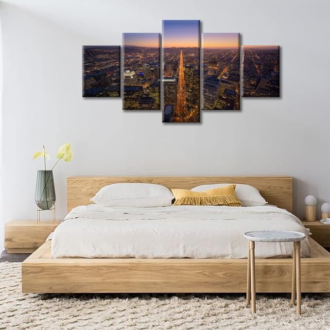 American Cityscape Wall Decor San Francisco Skyline Wall Art Posters and Prints Bedroom 5 Pieces City Night Light Pictures Wall Decor Living Room Giclee Print Gallery Packaging Artwork (60"Wx32"H)
