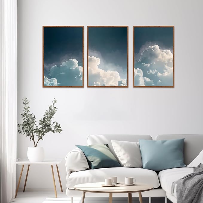 LHIUEM Abstract White Clouds Framed Canvas Wall Art,Modern Navy Blue Sky Wall Decor,Natural Scenery Painting,Minimalist Dreamy Artwork for Living Room,Bedroom,Dining Room -16"x24"x3