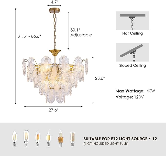 7PM Modern Gold Glass Chandelier, 5-Layer Antique Crystal Chandeliers 12 Light Round Pendant Ceiling Fixture 59" Hanging Adjustable Chain for Foyer, Living Room, Bedroom, Dining Room 27.5 inch