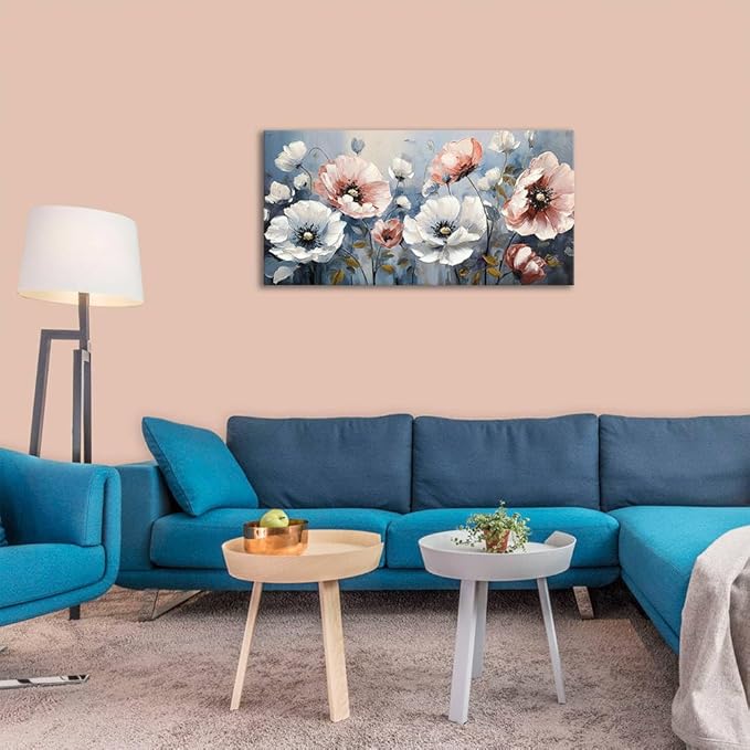 BYXART Pink & White Flower Canvas Painting Stunning Flower Canvas Wall Art In Light Blue-Gray Tone Background Floal Picture Abstract Artwork for Bedroom Living Room Office Bathroom Wall Decor 40Lx20W