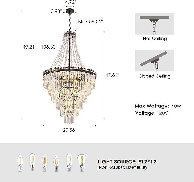 7PM French Empire Crystal Chandelier, Large Vintage Chandelier for High Ceiling, 6-Tier Antique Bronze Lighting, Farmhouse Ceiling Light Fixture for Foyer, Entryway, Living Room, 28" Wx48''H