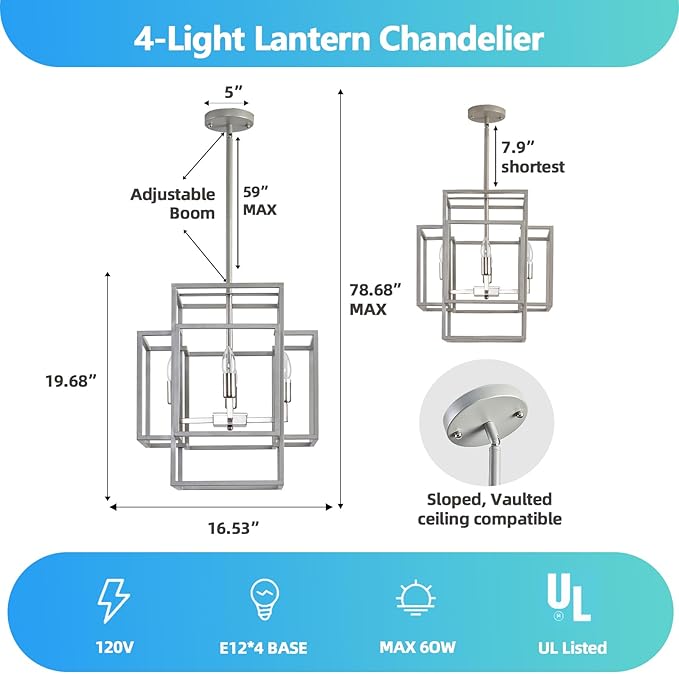 16.5" Modern Chandelier, 4-Light Farmhouse Foyer Lighting Fixtures, Hanging Kitchen Island Pendant Light, Industrial Sliver Lantern Pendant Lights, for Entryway Staircase Hallway