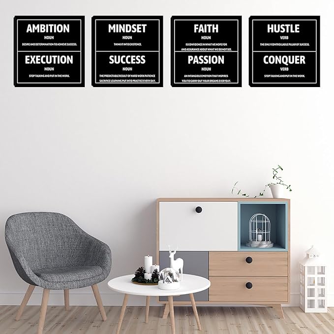 Motivational Office Wall Decor Inspirational Success Canvas Wall Art Hustle Mindset 3 Pieces Posters Prints Wall Picture Artwork Home Living Room Bedroom Framed Ready to Hang - 12"x12"x4PCS