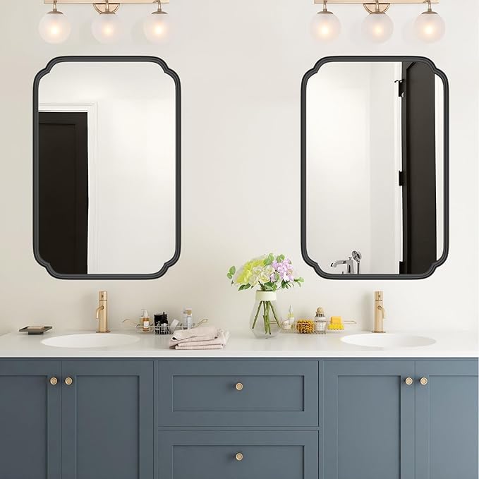 Black Bathroom Vanity Mirrors for Over Sink 24" x 36" Modern Rounded Corner Rectangle Mirror with Non-Rusting Iron Metal Framed Wall Mounted Decorative Mirror (Horizontal/Vertical)