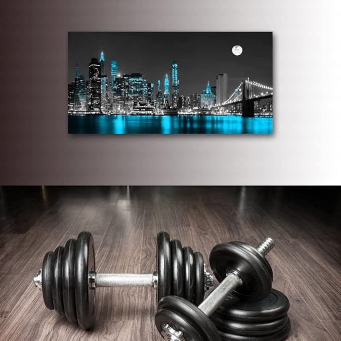 Jiuqinghua Wall Art Decor Canvas Print Picture 1 Panel Black White and Blue New York Brooklyn Bridge Cityscape Night Building Painting for Kitchen Office Home Decor Framed Ready to Hang 30x60inch