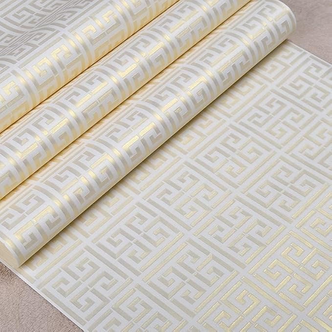 20.8"x390.0"Greek Key Traditional Wallpaper Modern Classic Geometric Trellis Non-Pasted Wallpaper Gold/White Textured Vinyl Paper Washable