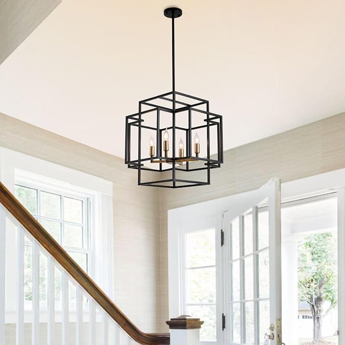 4-Light Black and Gold Chandelier, Modern Dining Room Light Fixture, Farmhouse Hanging Lantern Pendant Light, Industrial Ceiling Foyer Chandeliers, for Kitchen Island,Staircase,Entryway