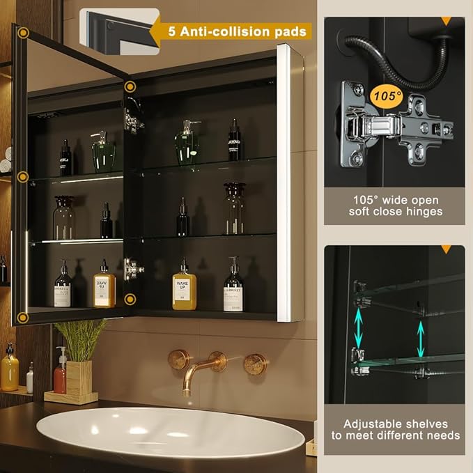 KWW LED Lighted Bathroom Medicine Cabinet with Sockets & USBs, Defogger, Dimmable, 3 Color Light Makeup Mirror, Easy to Install, Wall Mounted Cabinet (Left Hinge, 21 * 28)