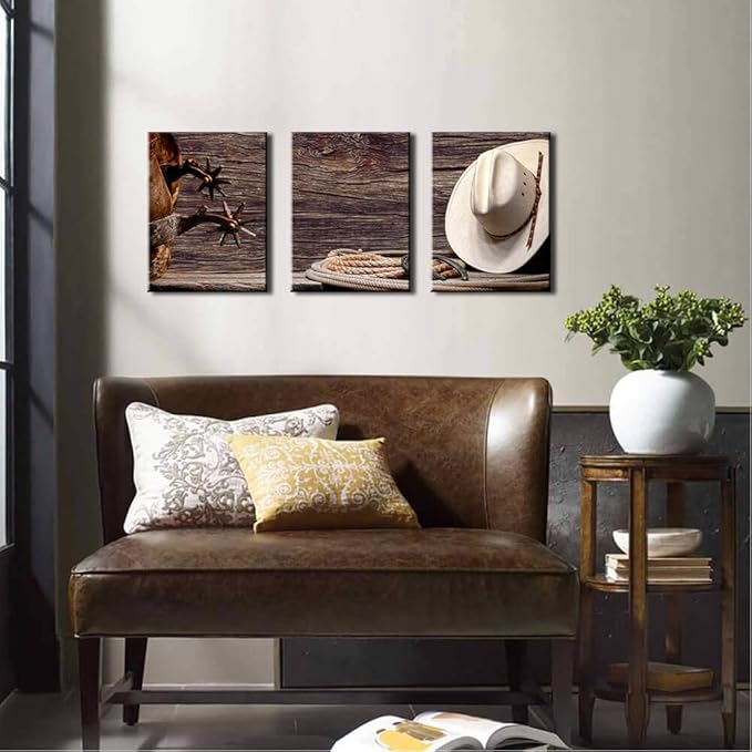 Canvas Print Wall Art Decor Western Cowboy Wall Art American Cowboy Hat Boots West Rodeo Vintage Picture Stretched Gallery Canvas Wrap Giclee Print Ready to Hang for Home Office Living Room