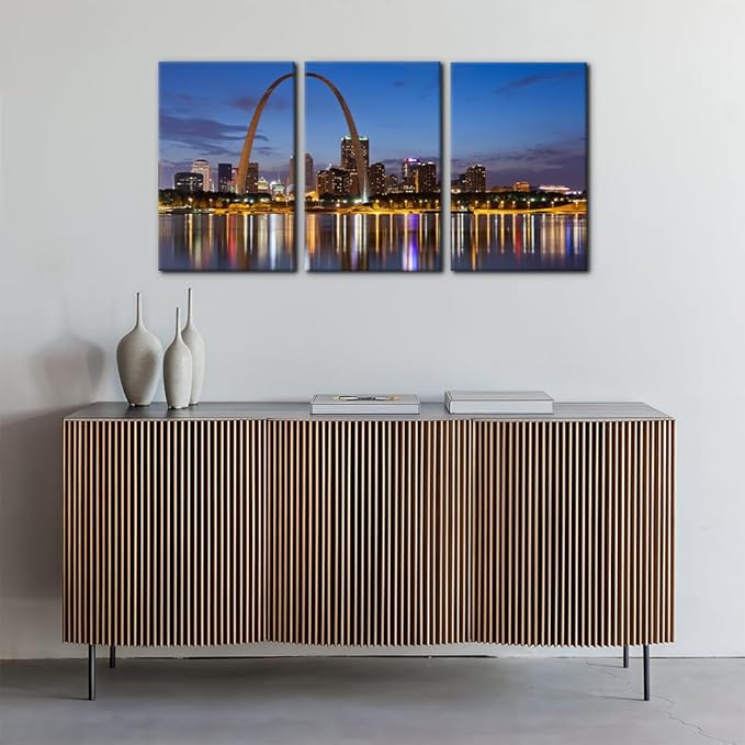 Pacimo Canvas Wall Art for Home Decor St. Louis Skyline Poster Wall Decor Gateway Arch at Sunset Canvas Prints Pictures Cityscape Modern Artwork Stretch and Framed Ready to Hang - 16"x24"x3 Panels