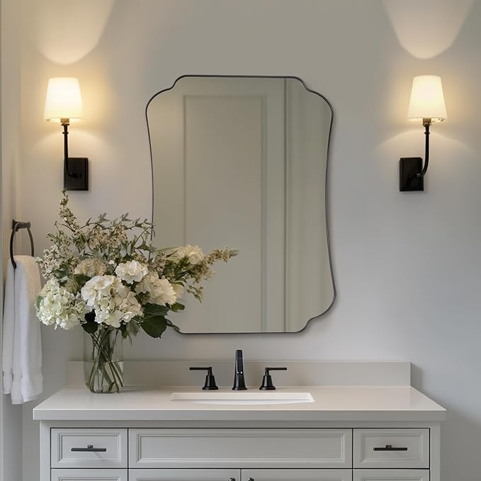 ANDY STAR Bathroom Vanity Mirror, 24x32 Matte Black Rectangle Mirror with Scalloped Round Corner, Vintage Asymmetrical Metal Wall Mirror for Entryway, Living Room