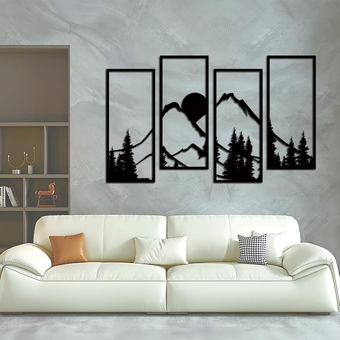 Metal Sunset Mountain Forest Wall Decor Set of 4, Minimalist Line Drawing Large Mountains Wall Art Home Decor for Living Room Bedroom Office…
