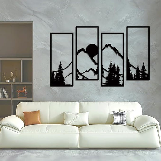 Metal Sunset Mountain Forest Wall Decor Set of 4, Minimalist Line Drawing Large Mountains Wall Art Home Decor for Living Room Bedroom Office…