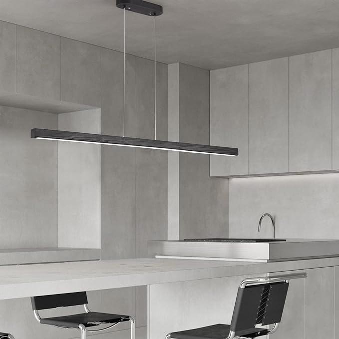 47" Black Linear Pendant Light Wooden Led Linear Pendant Light Fixtures Ceiling Hanging Dimmable Pendant Lights for Dining Room Kitchen Island Pool Table Lights Black Wood Finish