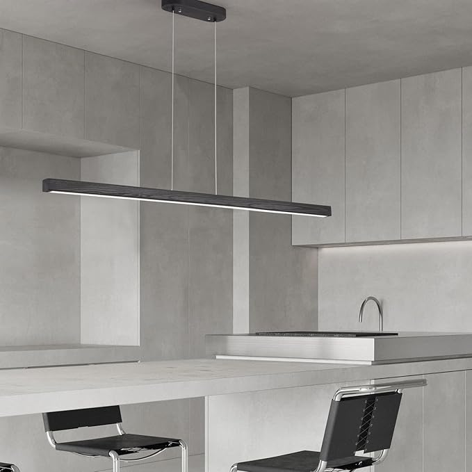 39" Black Linear Pendant Light Wooden Led Modern Linear Chandelier Ceiling Hanging Dimmable Pendant Lights for Dining Room Kitchen Island Pool Table Lights Black Wood Finish