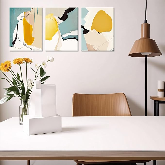 Abstract Wall Art Set of 3 – Modern Mid Century Canvas poster Prints with Geometric Shapes, Minimalist Yellow Teal Beige Artwork for Living Room, Bedroom, Office, Bathroom Wall Décor,Frame 16x24in