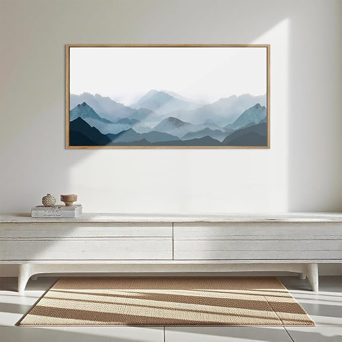 BINCUE Blue Framed Mountain Landscape Wall Art Fog Mountain Painting Wall Decor for Bedroom Living Room Office Decor 40" Lx20 W