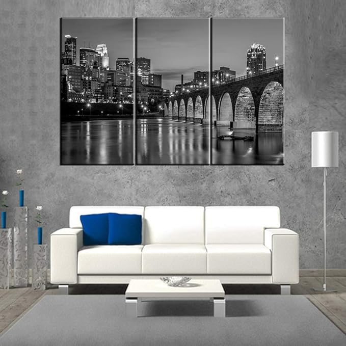 Canvas Print Wall Art Painting for Home Decor Black and White Minneapolis Skyline Night Buildings Cityscape Coastline Paintings Artwork Pictures City Pictures Photo Prints On Canvas 40‘’x20‘’x3pcs