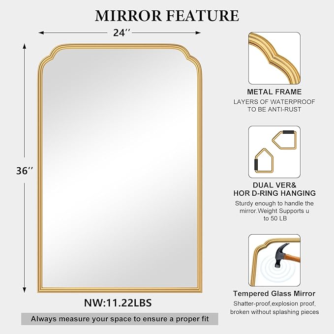 24X36 Inch Gold Mirror for Bathroom, Modern Rounded Corner Rectangle Mirror with Non-Rusting Iron Metal Framed Bathroom Vanity Mirror for Over Sink Wall Decor(Tempered Glass)