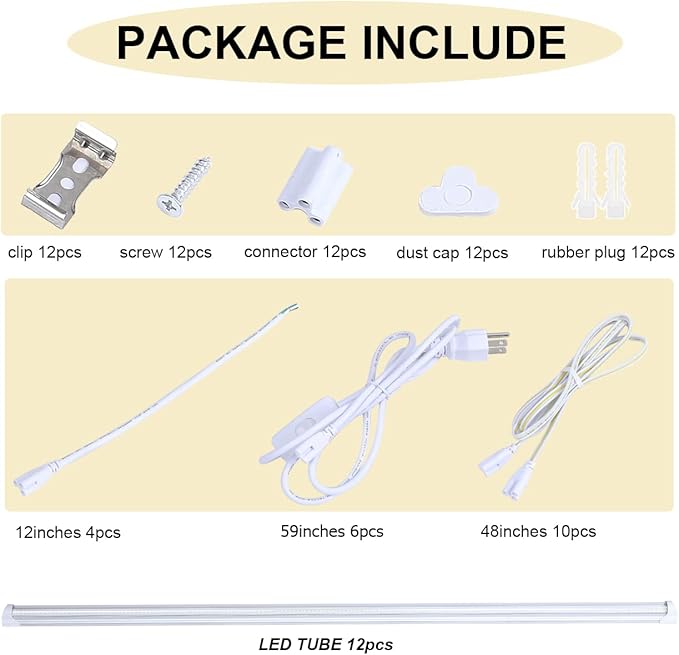 12 Pack T8 Led 4FT 60W Integrated V Shaped Shop Light,Linkable White Daylight 6000k LED Strip Lights Fixture for Garage, Indoor Tube Light for Living Room with On/Off Switch Cable Clear Cover