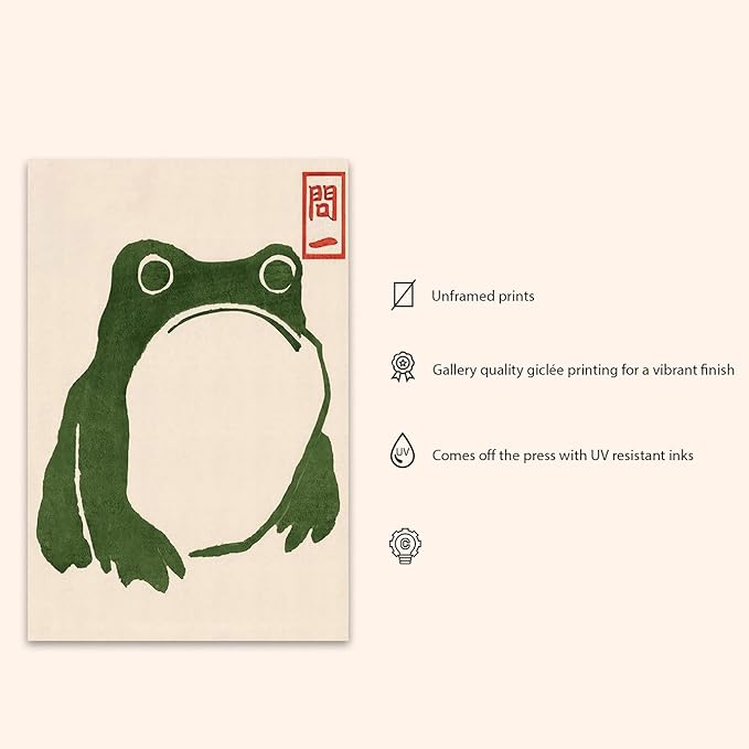 OZCONO Japanese Frog Wall Art Print, Green Toad Woodblock Style, Unframed Gallery Quality Giclée (14L x 11W)