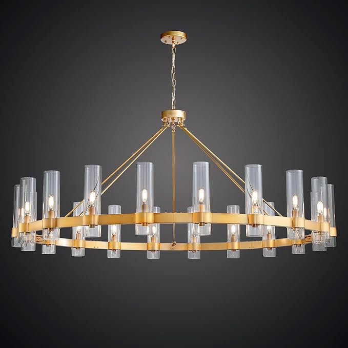 60" Gold Wagon Wheel Chandelier, Large 20-Light Farmhouse Round Pendant Light Fixture with Glass Shade, Hanging High Ceilings Chandeliers for Dining Room Kitchen Foyer Entryway Living Room