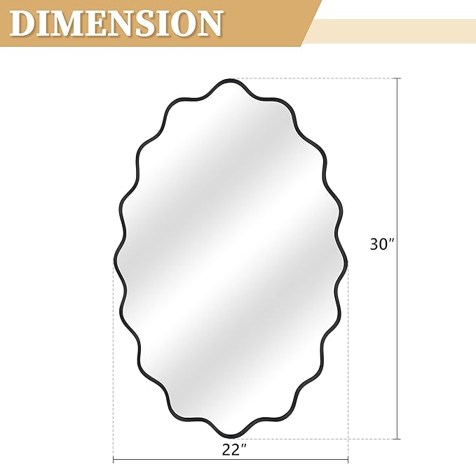 Oval Wavy Mirror - Irregular Wall Mirror 22"x30" Black Asymmetrical Aviation Aluminum Alloy Frame for Bathroom, Bedroom, Living Room, Cloakroom, Entryway