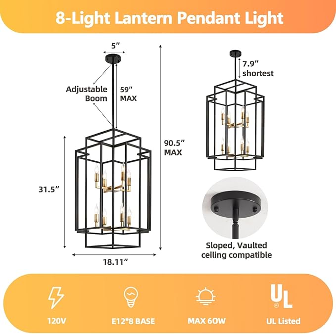 8-Lights Lantern Tiered Pendant Light Fixtures, Industrial Farmhouse Hanging Chandelier for Enterway Dining Room Foyer Living Room Island Kitchen Staircase (Black & Gold)