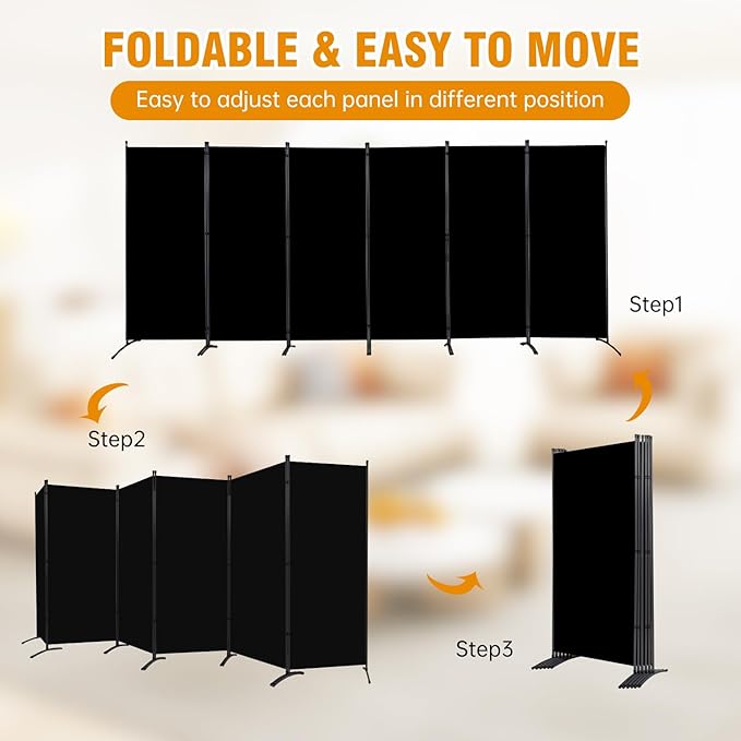 6 Panel Folding Privacy Screens, 6 FT Tall Wall Divider with Metal Frame, Freestanding Room Divider for Office Bedroom Study (6 Panel, Black)
