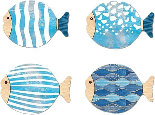 OYASUMI 4 Pcs Wooden Fish Wall Art – Blue Nautical Beach Decor, Vintage Coastal Sticking Sculptures for Bathroom, Bedroom, Ocean-Themed Room or Lake House