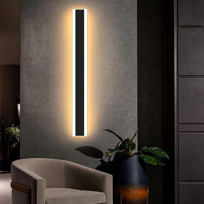 Mikeru Modern Wall Light, 3000k-6000k Dimmable Sconce, 47inch Black Exterior Light With Remote Control, IP65 Waterproof Anti-Rust Linear Long Porch Light Outdoor