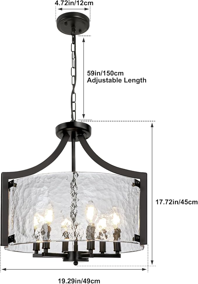 6-Light Glass Chandelier for Dining Room, 19.3'' Modern Black Foyer Chandelier Convertible Semi Flush Mount Ceiling Light, Farmhouse Pendant Lighting for Entryway Foyer Bedroom Kitchen