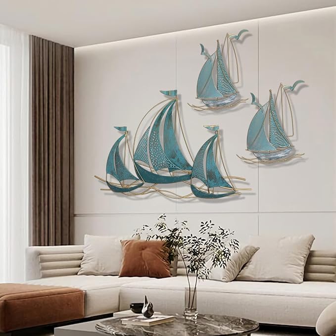 3 PCS Metal Wall Art, Large Metal Sailboat Wall Decor, Modern Home Wall Sculpture for Office, Bedroom, Living Room, Dining Room