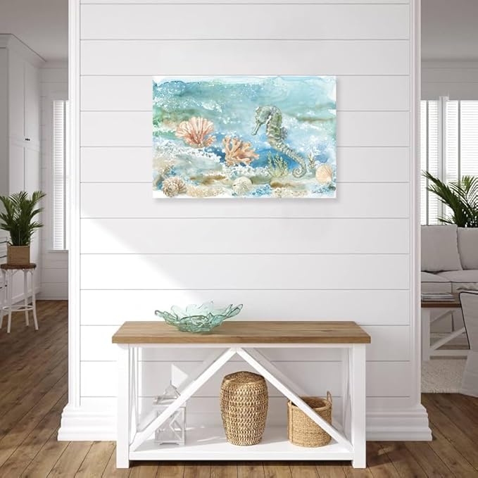 Ocean Wall Decor Seahorse Canvas Art Coastal Marine Sea Life Themed Painting Watercolor Seashell Nautical Picture Coral Artwork for Bathroom Bedroom 24x16Inch