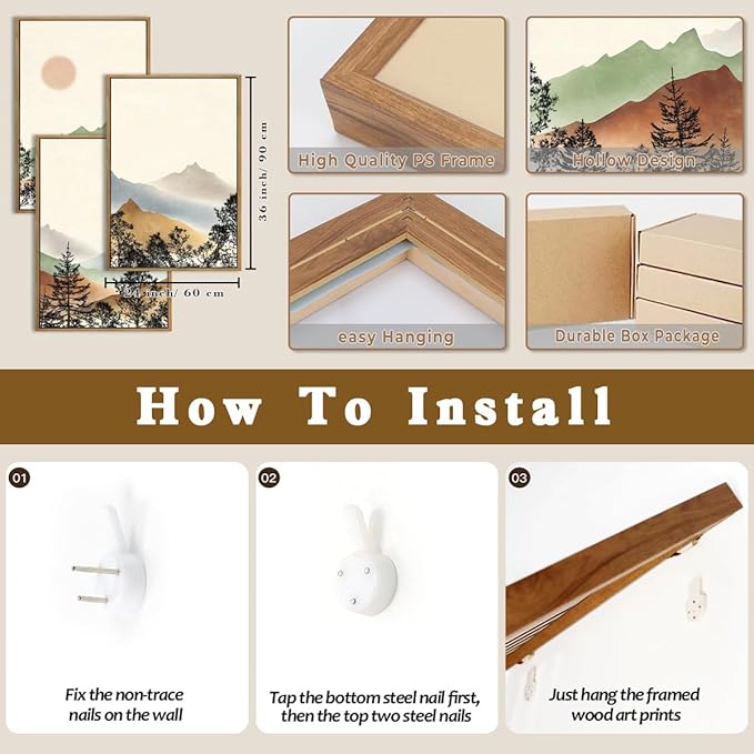 BINCUE Large Boho Mountain Wall Art Framed Wall Decor Watercolor Landscape Art Print Set of 3 for Living Room Bedroom Office 36x24 Inches