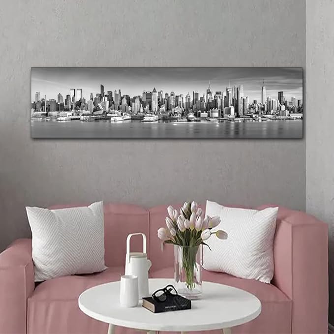 New York Wall Art Black and White City Panorama Cityscape Pictures Print On Canvas Urban Building Artwork Wall Art for Living Room Office Giclee Posters and Prints Framed Ready to Hang 12x46 Inch