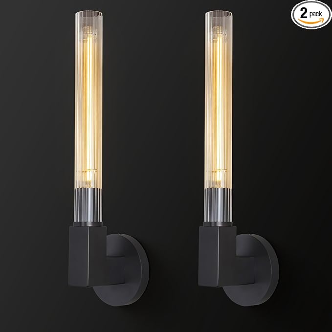 Black Wall Sconces Set of 2, Modern Bathroom Vanity Lights with Glass Shades - Industrial Vintage Wall Lamps for Mirror, Bedroom, Living Room, Hallway