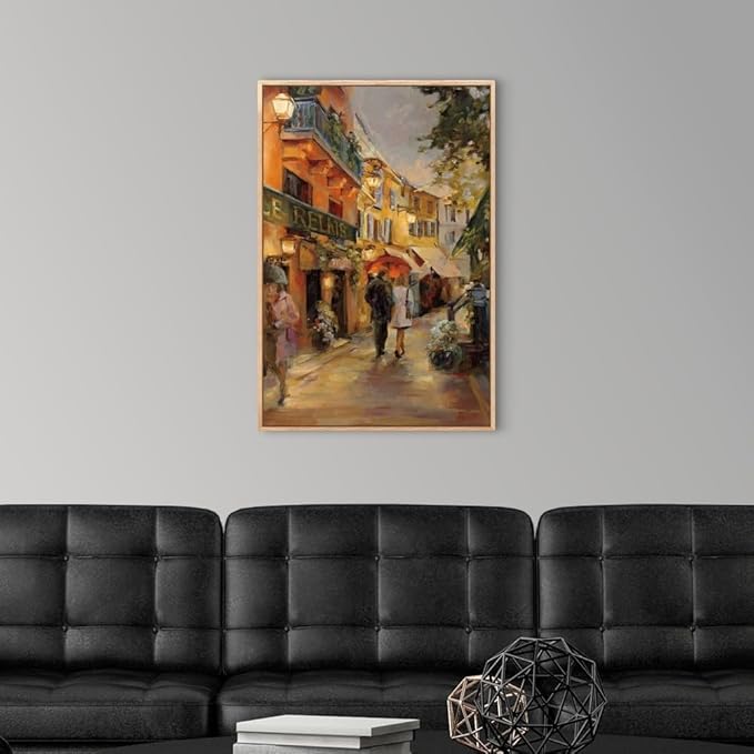 CANVAS ON DEMAND Evening in Paris Natural Wood Float Framed Canvas Wall Art Print by Marilyn Hageman, Traditional, Home Decor, Street Scene Artwork, Nature Artwork, 20" x30in