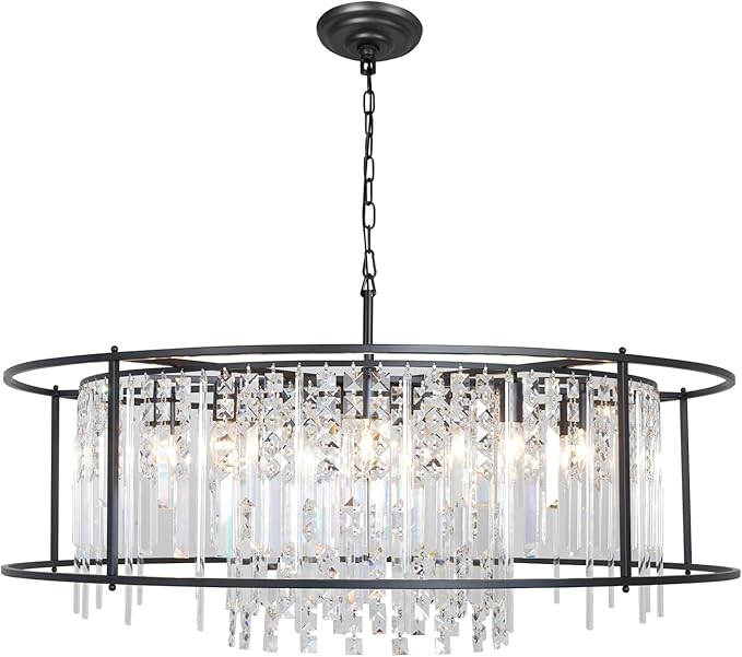 Modern Black Crystal Chandelier, Round Industrial Farmhouse Pendant Light Fixture for Dining Room, Kitchen Island, Living Room, Bedroom, Entryway Lighting