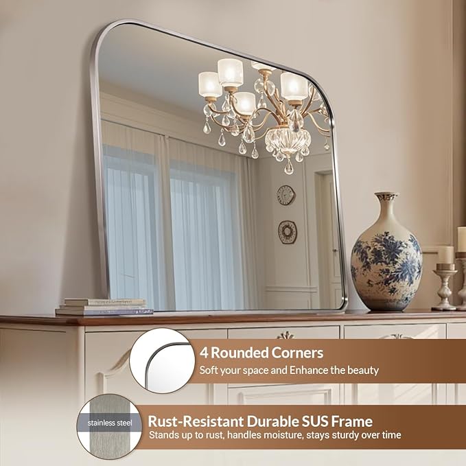 ANDY STAR Brushed Nickel Arched Mirror, 36x30’’ Modern Mantel Mirror Rounded Corner for Fireplace, Bathroom, Powder Room in 1 inch Anti-Rust SUS304 Tube Metal Frame Wall Mounted
