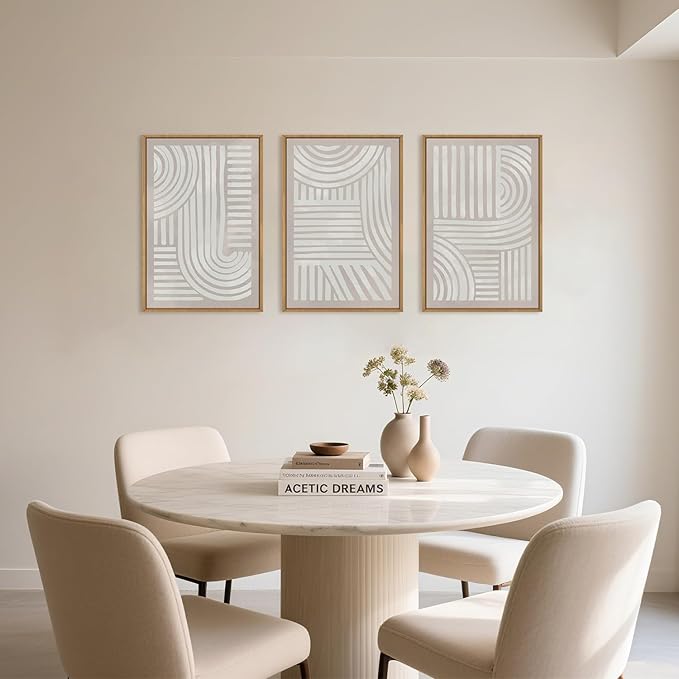 Large Abstract Neutral Geometric Framed Canvas Wall Art,Boho Minimalist Shapes Wall Decor,Modern Lines Artwork,Mid Century Arch Art Print for Living Room,Bedroom,Office- 24"x36"x3