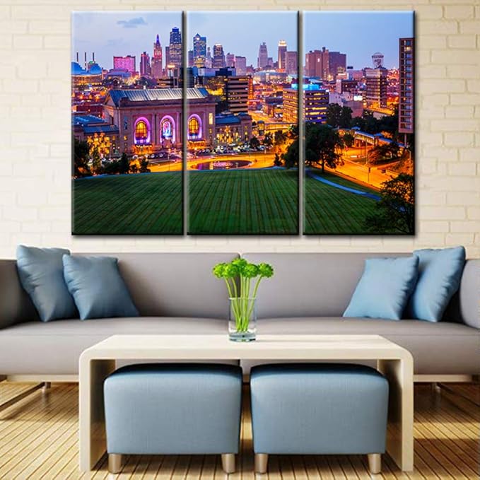 Kansas Cityscape Canvas Print Downtown Kansas City Skyline as Night Falls in Kansas City Canvas Wall art Large Size Gallery Wrapped Canvas on Pine Wooden Frame and Stretch - 40‘’ x 20‘’ x 3 panels