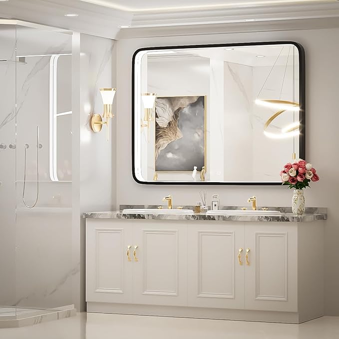 40X30 Inch Black Bathroom Mirror with LED Lights,Metal Frame Lighted Vanity Mirror,Anti Fog Design&Dimmable&Touch Switch, Wall Mounted Makeup Mirror for Home Decor(Horizontal/Vertical)