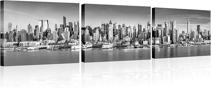 New York Wall Art Black and White City Panorama Cityscape Pictures Print On Canvas Urban Building Artwork Wall Art for Living Room Office Giclee Posters and Prints Framed Ready to Hang 12x48 Inch